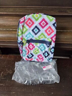 thirty-one White Backpack with Pink, Teal, Lime & Navy Diamond Print
